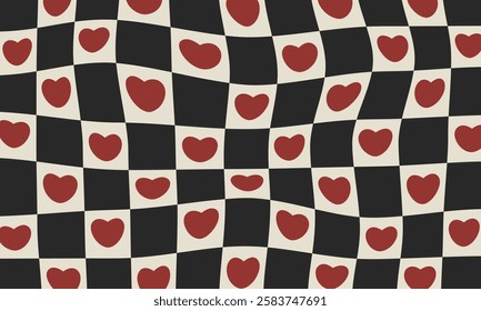 Wavy chessboard with hearts. Abstract groovy checkered pattern. Love concept. Retro love design in 60-70s hippie style.