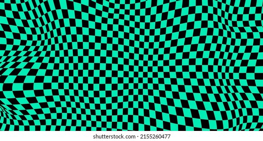Wavy chessboard on a green background. Chessboard concept. Wave distortion effect. Vector illustration.