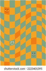 Wavy chessboard in retro style with emoticons. Good vibes. Colorful vector wallpaper. Vector template. Vector psychedelic boho background. Illustration in the style of the 60s, 70s.