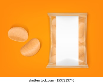 Wavy chips pack, ripple potato snack package isolated on orange background top view. Blank plastic bag with crispy slices, design element for food product advertising. Realistic 3d vector illustration