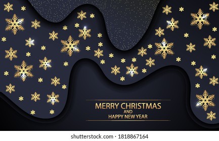 Wavy christmas background with golden snowflakes, vector art illustration.