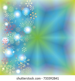 Wavy Christmas background with random scatter falling colorful snowflakes and bright lights and sparkles on a blue and green background.