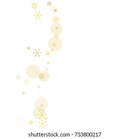 Wavy Christmas background with random scatter falling golden snowflakes and yellow polka dots isolated on white.