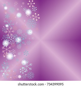 Wavy Christmas background with random scatter falling colorful snowflakes, blurred lights and sparkles on a lilac gradient background