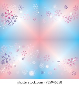 Wavy Christmas background with random scatter falling colorful snowflakes, bright lights and sparkles on a blue and pink blurred background