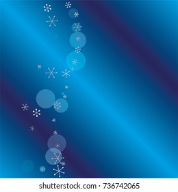 Wavy Christmas background with random scatter falling silver snowflakes and blue polka dots on a navy blue background.