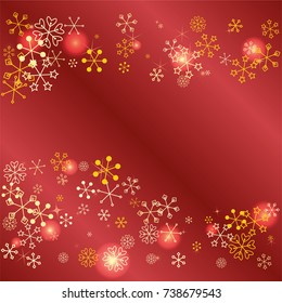 Wavy Christmas background with random scatter falling golden snowflakes, red blurred lights and sparkles on a red gradient background