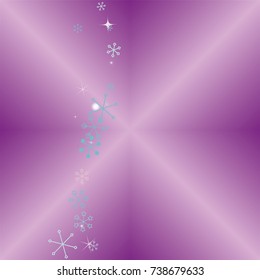 Wavy Christmas background with random scatter falling colorful snowflakes, blurred lights and sparkles on a lilac gradient background