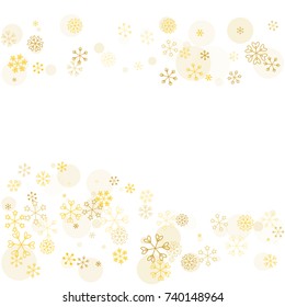 Wavy Christmas background with random scatter falling golden snowflakes and yellow polka dots isolated on white.