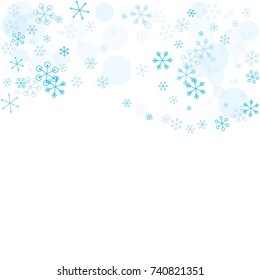 Wavy Christmas background with random scatter falling turquoise snowflakes and blue polka dots isolated on white.