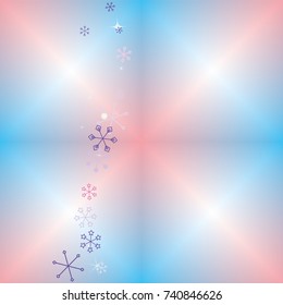 Wavy Christmas background with random scatter falling colorful snowflakes, bright lights and sparkles on a blue and pink blurred background