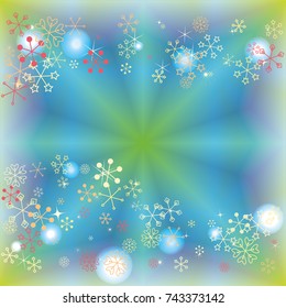Wavy Christmas background with random scatter falling colorful snowflakes and bright lights and sparkles on a blue and green background.