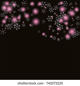 Wavy Christmas background with random scatter falling silver snowflakes and pink blurred lights isolated on black