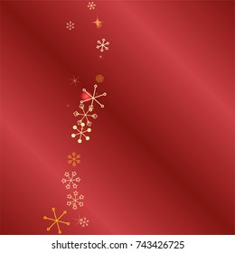 Wavy Christmas background with random scatter falling golden snowflakes, red blurred lights and sparkles on a red gradient background