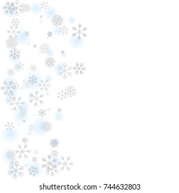 Wavy Christmas background with random scatter falling silver snowflakes and blue blurred dots isolated on white.