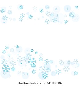 Wavy Christmas background with random scatter falling turquoise snowflakes and blue polka dots isolated on white.