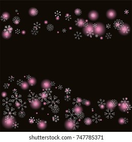 Wavy Christmas background with random scatter falling silver snowflakes and pink blurred lights isolated on black