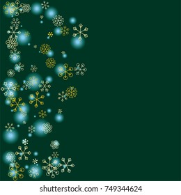 Wavy Christmas background with random scatter falling golden snowflakes and blue blurred lights on a dark green background.