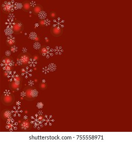 Wavy Christmas background with random scatter falling silver snowflakes and red blurred lights on a burgundy background.