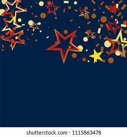 Wavy Christmas gold and red stars confetti falling, on a deep blue background. Magic shining flying stars and glitter dots sparkle cosmic backdrop