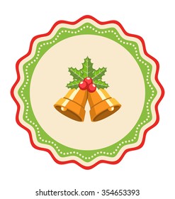 Wavy Christmas Label Icon Flat with Bells and Holly Isolated on White Background