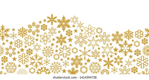 Wavy Christmas seamless background with trendy geometric motifs. Golden snowflakes with different ornaments. Retro design collection.