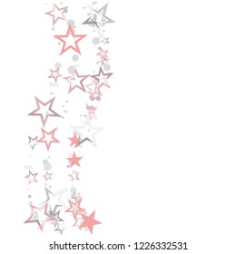 Wavy Christmas silver and pink stars confetti falling, isolated on white. Magic shining flying stars and glitter dots sparkle cosmic backdrop
