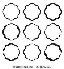 Wavy circle frames. Scalloped round border. Abstract badge illustration. Vector decorative element. EPS 10.