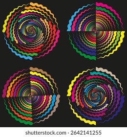 Wavy circle pattern. Bright spiral design. Multicolor optical art. Vector hypnotic form.