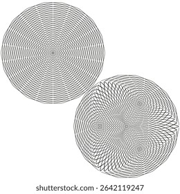 Wavy circle shape. Fine line texture. Optical illusion figure. Vector abstract form.