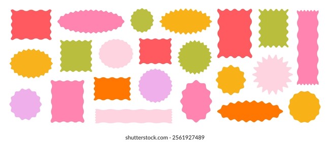 Wavy circular, oval and rectangular shape elements set vector illustration. Scallop squiggly borders frame collection.