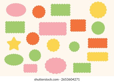 Elementos de forma ondulados circulares, ovais e retangulares definem a ilustração de vetor. Coleta de quadros de bordas estridentes de vieira.