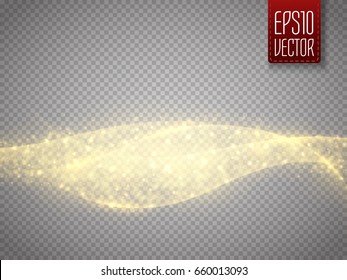Wavy Cloud of glittering dust.  Vector illustration. Abstract smooth wave with glow isolated on transparent background