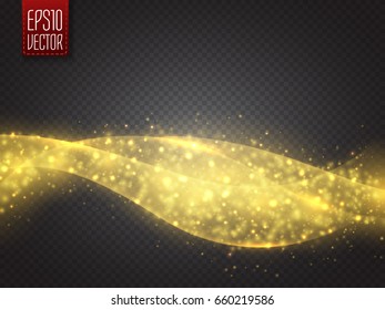 Wavy Cloud of glittering dust. Vector illustration. Abstract smooth wave with glow isolated on transparent background.