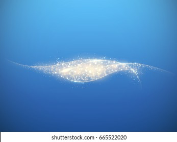 Wavy Cloud of glittering dust. Vector illustration. Abstract smooth wave with glow isolated on blue background.