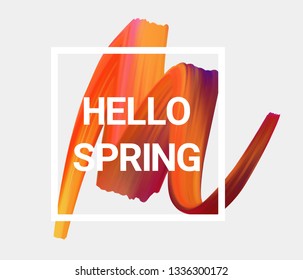 Wavy colorful brush stroke line. Watercolor or acrylic paint imitation. Hello spring. Spring concept modern background. Template for your designs.