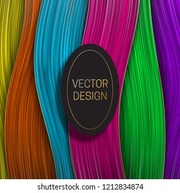 Wavy colorful layer background with elliptic black and gold frame. Trendy packaging design or cover template.