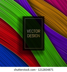 Wavy colorful layer background with rectangular black and gold frame. Trendy packaging design or cover template.