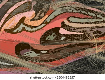 Wavy colorful textural background with linear elements for fabrics or covers. Chaotic motifs for carpets, business concepts, wallpaper, textiles, scrapbooking, interior solutions, tiles, prints, etc.