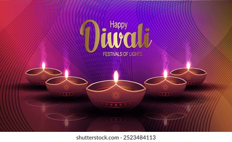 Wavy composition with Diwali day lamps. Indian festival of lights of goddess Deepavali.