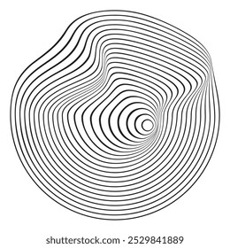 Wavy concentric circles. Topographic rings. Pulse, sound or ripple icon isolated on white background. Soundwave sign. Dynamic, motion or flow symbol. Trendy futuristic shape. Vector illustration.