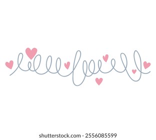 Wavy, continuous light blue line with several loops, interspersed with small pink hearts. Combines simple line art with heart shapes, creating a playful and romantic design.