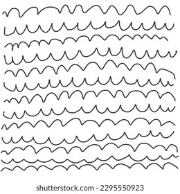 Wavy continuous lines with different amplitudes. Abstract vector horizontal black wavy strokes. Scrawls.