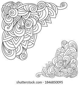 Esquina de contorno ondulado con patrones zen y espirales onduladas, ilustración vectorial de la página de colorante antiestrés