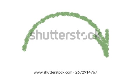 Wavy crayon arrow icon in green with hand drawn chalk stroke. Down pointer element with rough outline presents vivid sketch style for decor, template or modern symbol use.