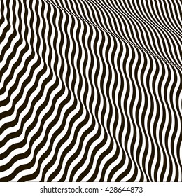 Wavy crossed stripes optical illusion black and white pattern 3D. Abstract fashion texture.  