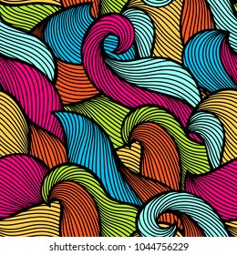 Wavy curled seamless pattern. Abstract outline colorful texture.