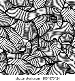 Wavy curled seamless pattern. Abstract outline monochrome texture.