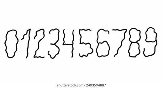 Wavy curly black digits numbers font from 0 to 9 font collection. Vector illustration in doodle hand drawn style isolated on white background. For school, price, font.