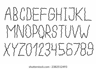 Wavy curly black english alphabet abc latin font A to Z and digits 0 to 9 set. Vector illustration in doodle hand written style isolated on white background. For design, menu, typography, logo, shirt.